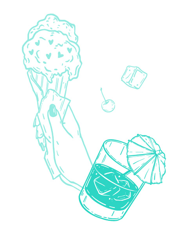 Icon of a hand holding an ice cream cone and a cocktail glass symbolizing hospitality credits for beachside dining or cocktails.